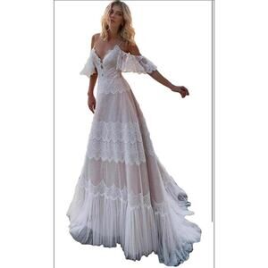 Sorayan Women's Wedding Dress, Lace Evening Dress V Neck Ruffle Sleeves Medium